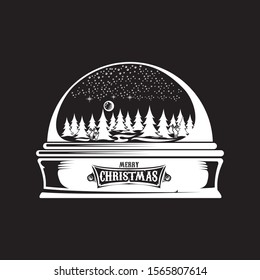 Vector christmas snowball or snow globe silhuette icon with xmas tree, sky, moon, deer and greeting merry christmas text  isolated on black background.
