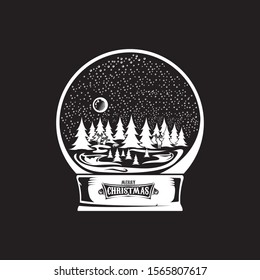 Vektorsymbol für Weihnachtsschneeball oder Schneekugel mit Weihnachtsbaum, Himmel, Mond, Reh und Gruß fröhlichen Weihnachtstext einzeln auf schwarzem Hintergrund.
