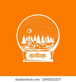 Vector bola de nieve de Navidad o icono de silueta de globo de nieve con árbol de Navidad, cielo, luna, ciervo y saludo texto de feliz Navidad aislado sobre fondo naranja.