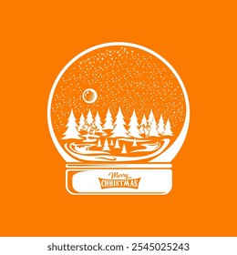 Vector christmas snowball or snow globe silhuette icon with xmas tree, sky, moon, deer and greeting merry christmas text isolated on orange background.