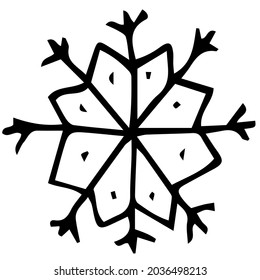 Ilustración del copo de nieve de Navidad vectorial. Borde negro. Dibujado a mano, garabateado. Diseño de afiches, logos, pegatinas, decoraciones de vacaciones, impresiones.