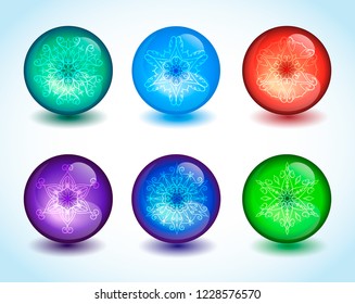 Vector Christmas snowflakes colorful icones set. Glossy round festive shapes.