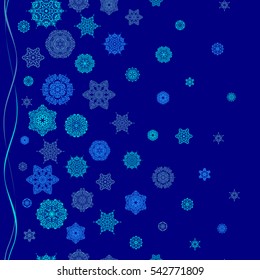 Vector Christmas snowflakes with doodles and dots on blue background. Vector pattern, seamless, Christmas background. Winter boarder. Abstract border.