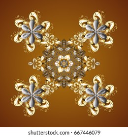 Vector Christmas snowflakes with doodles and dots on brown background. Winter boarder. Abstract border. Vector pattern, seamless, Christmas background.