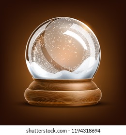 Vector christmas snowglobe on brown background. Realistic traditional winter holiday decoration crystal with snow, snowflakes inside. Xmas magical toy, empty sphere, 3d illustration