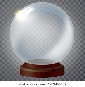 Vector christmas snowglobe on transparent background. Realistic traditional winter holiday decoration crystal with snow, snowflakes inside. Xmas magical toy, empty sphere, 3d illustration
