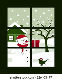 vector christmas snowman with gift and bird in snowy landscape outside window