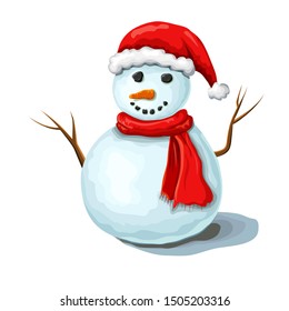 vector Christmas snowman illustration isolated on white background. Cute smiling snowman wearing red santas hat and scarf. xmas or winter symbol. hand drawn cartoon frosty character. snowman isolated