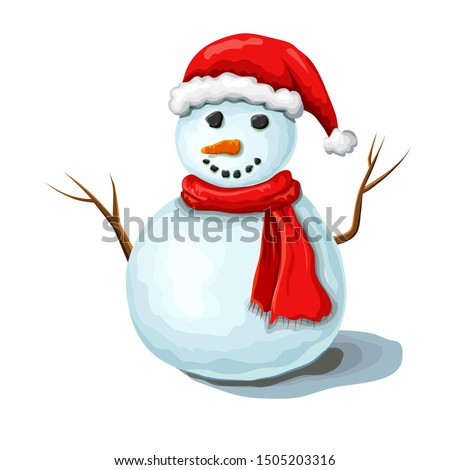 vector Christmas snowman illustration isolated on white background. Cute smiling snowman wearing red santas hat and scarf. xmas or winter symbol. hand drawn cartoon frosty character. snowman isolated