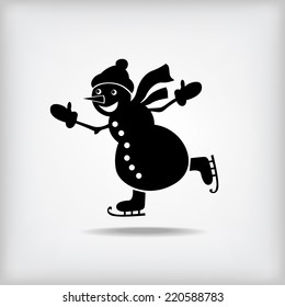 Vector Christmas snowman skater silhouette icon on gray background with shadow