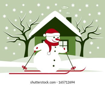 vector christmas snowman skier in snowy landscape