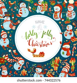 Vector Christmas snowmen background. Snowmen with candy, gifts, baubles, Christmas sock, birds, ski, skate or garland. Music notes, stars and snowflakes. Round frame.