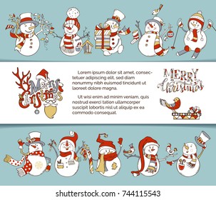 Vector Christmas snowmen background. Cute snowmen with candy cane, gifts, baubles, Christmas sock, birds, ski, skate or garland. Hand-written lettering. There is copy space on white paper.