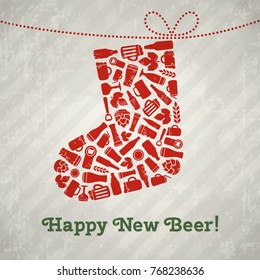 Vector christmas sock beer poster. Happy new beer tagline. Christmas sock composed of craft beer bottles, mugs, glasses, ingredients and accessories. Retro grunge new year background