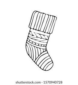 Vector christmas sock. black and white contour isolated on a white background.