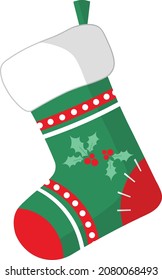 Vector Christmas Sock Design Element. Isolated Green and Red Christmas sock with Ornamental  decorations Holly Berries and stitch pattern. Lines textured with dots. Isolated on White Background.