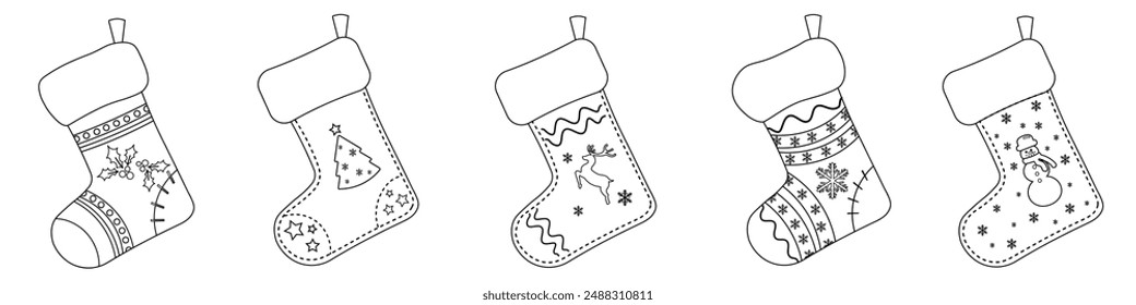 Vector Christmas Sock Design Element. Isolated Outline Christmas sock with Ornamental decorations with Christmas Textures and stitch pattern. Lines textured with dots. Isolated on White Background.