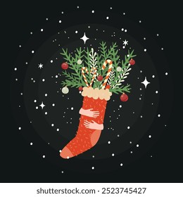 Vector Christmas sock with fir brunches and hands