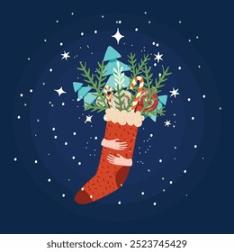 Vector Christmas sock with fir brunches and hands