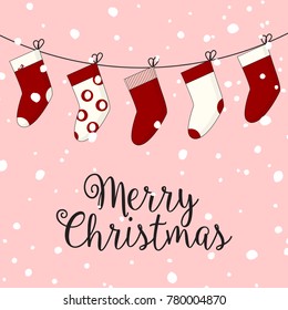 Vector Christmas socks on the rope. Cute winter greeting card decoration. Happy new year T-shirt design for kids  illustration