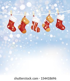 Vector Christmas socks on snowfall background.