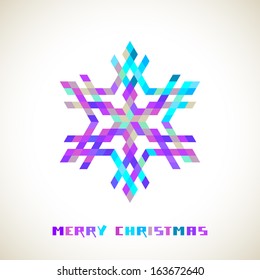 Vector christmas sparkling snowflake made from color rhombuses, greeting inscription. Original elegant blue violet design element. Abstract decorative illustration in geometric style for print, web
