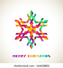 Vector christmas sparkling snowflake made from color rhombuses, greeting inscription. Original elegant simple design element. Abstract decorative illustration in geometric style for print, web