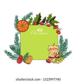 Vector Christmas square frame with holly, fir, berries, candle, cookie. For menu, banner, sale, postcards, invitations, etc. Isolated on white. 