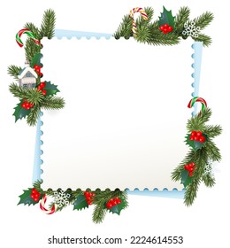 Vector Christmas Square Frame with Red Berries