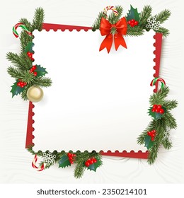 Vector Christmas Square Frame with Wooden Background on white texture planks