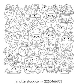 Vector Christmas square line coloring page for kids with cute kawaii characters. Black and white winter or New Year holiday illustration with funny Santa Claus, deer, elf, bear, tree
