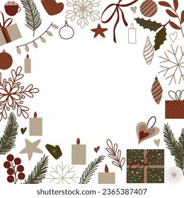 Vector Christmas square template, festive New Year decor with candle, star, gift box, Christmas tree toy, holly plants, mistletoe, red berries, snowflakes. Template for cards and invitations.