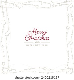 Vector Christmas square template frame card with Christmas decor - stars, circles. Text: Merry Christmas and Happy New Year.