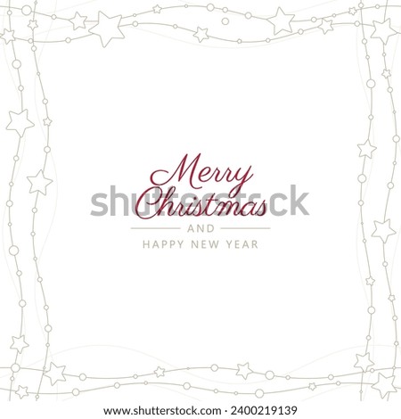 Vector Christmas square template frame card with Christmas decor - stars, circles. Text: Merry Christmas and Happy New Year.