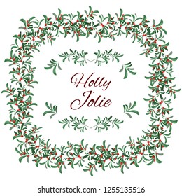 Vector Christmas square wreath of red berries and green leaves. Holly Jolie. All elements are isolated.