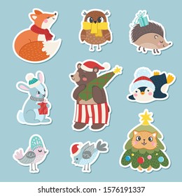 Vector christmas sticker icon set. Cute Christmas and New Year animals: fox, owl, hedgehog, hare, bear, penguin, birds, cat. Vector illustration Isolated on a blue background.