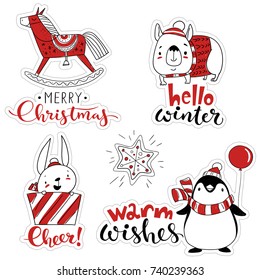 Vector Christmas Sticker Set. Funny Labels Set With Cartoon Christmas Characters Such As Penguin, Horse, Dog And Rabbit. 