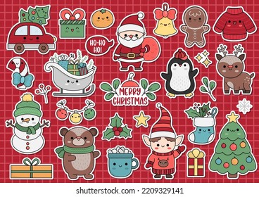 Vector Christmas stickers with cute kawaii characters. Traditional New Year party clipart for kids. Funny badges collection with Santa Claus, fir tree, deer, present. Winter holiday cartoon icons set
