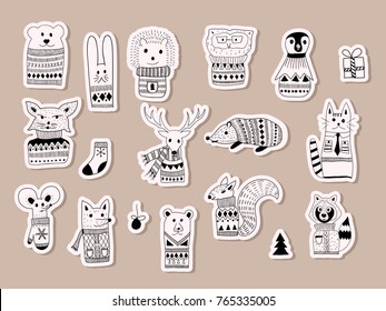 Vector Christmas Stickers with  Doodle Animals 