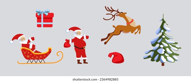Vector Christmas stickers Santa, tree deer, gifts. Santa Claus waves his hands on a sleigh with a deer and a Christmas tree in the snow.