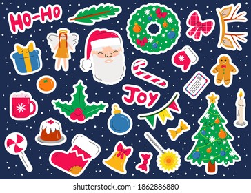 Vector Christmas stickers set in flat linear style on dark blue background. Cute stylish collection with winter holiday symbols. New Year colorful doodle elements, santa, tree, sock, cake, gingerman
