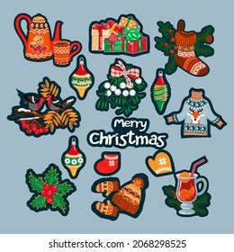 Vector Christmas stickers set. Gifts, sweater, hat, poinsettia, holly, birds on a branch with berries, glass of mulled wine, mistletoe.Isolated flat cartoon illustration.