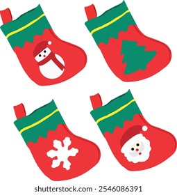 vector christmas stocking decorated with snowman, santaclaus, christmas tree and snow