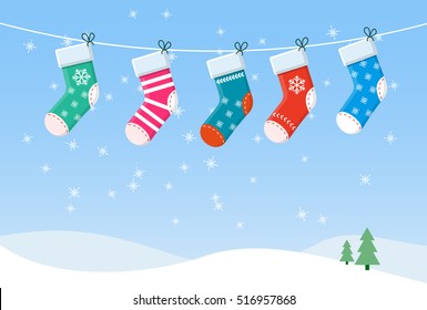 Vector Christmas Stockings Hanging On A Rope.