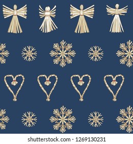 Vector Christmas Straw Ornaments on blue seamless pattern background. Perfect for fabric, scrapbooking and wallpaper projects