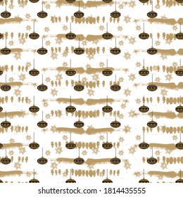 Vector Christmas stylish background in gold tones. Seamless pattern with gold and black snowflakes and  Christmas decoration elements for surface patterns, scrapbooking, gift wrapping 