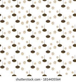 Vector Christmas stylish background in gold tones. Seamless pattern with gold and black snowflakes and  Christmas decoration elements for surface patterns, scrapbooking, gift wrapping 