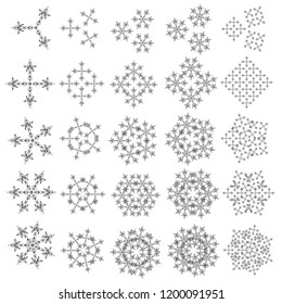 Vector Christmas Stylized 25 Silver Snowflakes Set on a White Background.