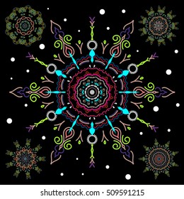 Vector Christmas Stylized blue and green Snowflakes Set on a Black Background.