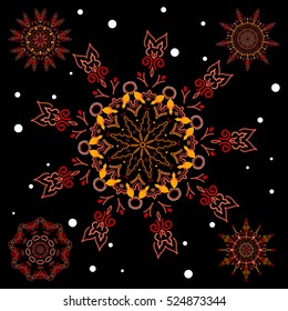 Vector Christmas Stylized brown and red Snowflakes Set on a Black Background.